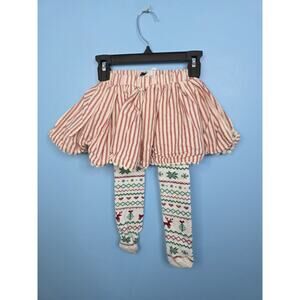 Girls Mud Pie Striped Christmas Pom Pom Skirt With Built In Tights Size 24M/2T
